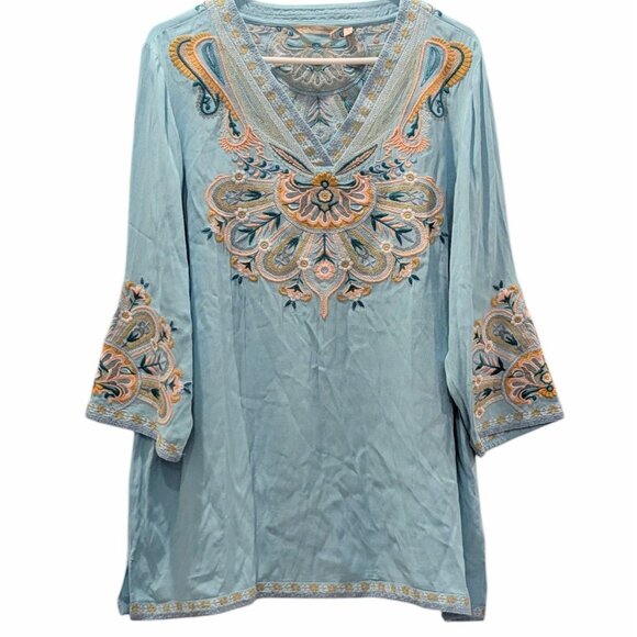 Soft Surroundings Women's Blue Embroidered 3/4 Sleeve V-Neck Tunic Top - Picture 3 of 15